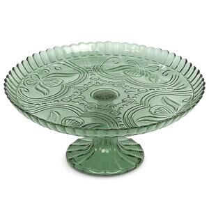 Amici Home Green Floral Footed Glass Cake Stand 10in Round Vintage Style NEW